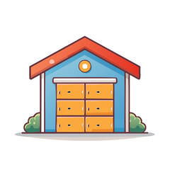 Charming cartoon building with a bright orange roof and blue walls housing six lockers