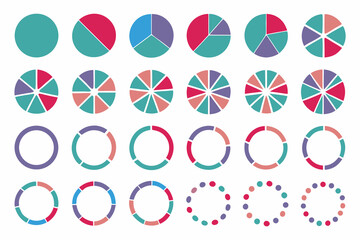 Pie chart set, circle icons and circle diagram. Pie chart divided Circle diagram collection. Segmented circle infographic, data analysis, web design, ui or presentation. Vector illustration.