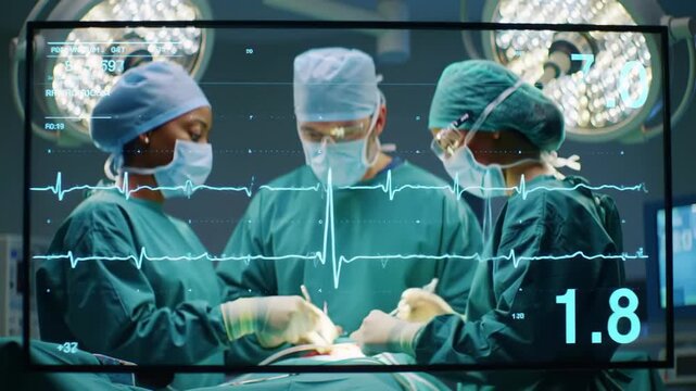 Surgical team in operating room with digital heart monitor overlay - Powered by Adobe