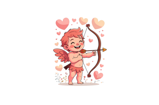 cheerful cupid with pink wings and bow, surrounded by floating hearts, no background