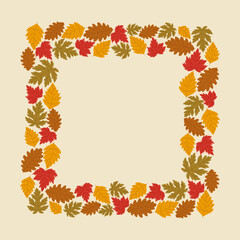 Square frame with autumn leaves on beige background. Perfect for invitations, seasonal cards, posters, and holiday decoration.
