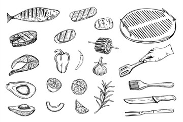 Grilled seafood, vegetables, and BBQ tools set vector illustration painted by black inks. Fish steak, pepper, tomato, avocado, corn, herbs clip art graphic sketch for BBQ family gathering invitation