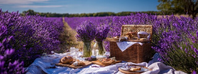 Summer picnic with wine and cheese in the lavender field, outdoors, sunset light, Generative AI, nature