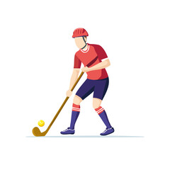 Athlete playing field hockey, poised to hit the yellow ball with a stick, wearing a helmet and sports uniform.