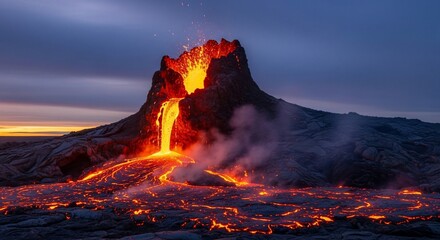 Spectacular volcanic eruption featuring fiery lava flowing down from the mountain top scene