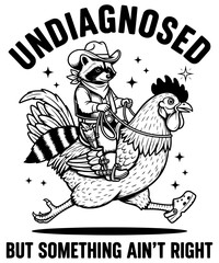 Funny vector illustration of a raccoon dressed as a cowboy riding a chicken, with a sarcastic quote "Undiagnosed But Something Ain't Right". © VisuaLabArt