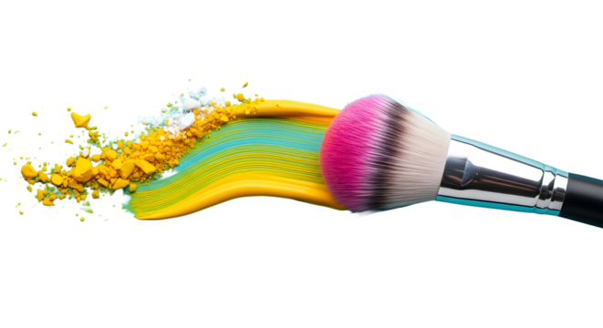Makeup brush with vibrant colorful powder splash isolated on transparent background for beauty photography transparent background