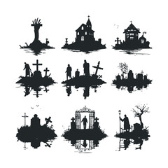Obraz premium Spooky Halloween graveyard scenes for creative design projects. Halloween vector illustration