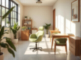 Fototapeta premium Soft focus of a cozy and modern interior with minimalist furniture and soft green accents. Blurry background with natural light. Suitable for corporate mockups, online meetings, presentations, etc
