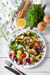 Mediterranean Tuna Salad on white plate. View from above