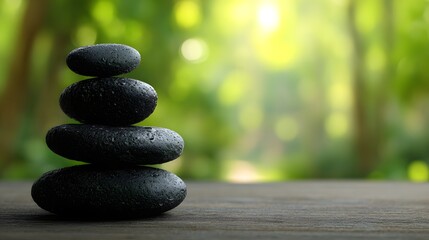 Dark, smooth stones balanced atop each other, forming a pyramid shape, sit on a wooden surface, in front of a blurred, green natural background.