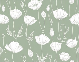 Seamless pattern of white poppies on a sage green background