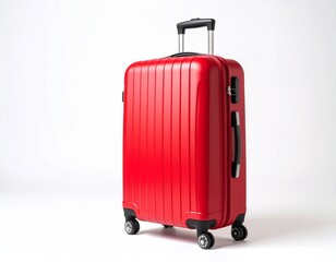 Bright Red Suitcase with a Telescopic Handle on a White Background

