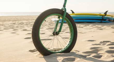 Wheel of bike on sand with surfboards in background, summertime fun