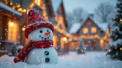 Cheerful snowman in a sparkly red hat creating a magical mood, representing the winter holidays against a snowy village background 
 - Powered by Adobe