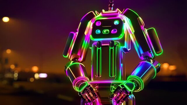 translucent Robot glows with neon light. artificial intelligence, future technology, and smart digital systems. Humanoid machine AI integration, automation, and future of intelligent robotics
