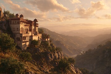 Obraz premium Stunning ancient palace perched on mountain cliff edge overlooking majestic valley at sunset, perfect for travel and luxury concepts