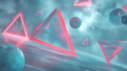 A vibrant display of translucent triangles and spheres, illuminated by glowing pink light, creating a futuristic and ethereal atmosphere.