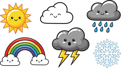 Cute Cartoon Weather Icons with Smiling Sun, Cloud, Rain, Rainbow, Lightning and Snowflake for Kids, Education, Forecast and Design Use