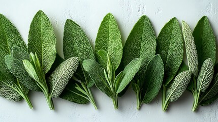 Fresh sage leaves arranged on a white surface with detailed texture and appealing green hues photo