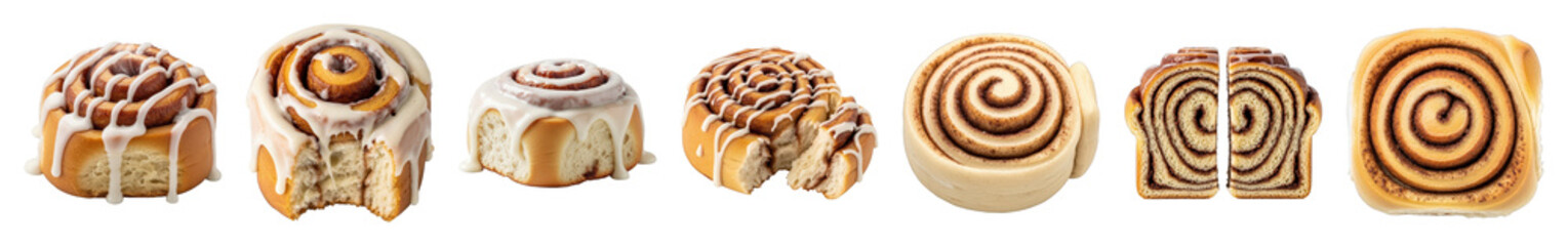 Fototapeta premium Cinnamon rolls set including frosted, raw, sliced, and unfrosted stages isolated. Baked dessert and sweet treat collection.