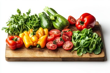 Wooden cutting board with a variety of vegetables including tomatoes, peppers
