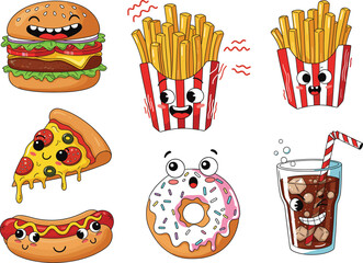 Funny Cartoon Fast Food Characters Vector Set with Smiling Faces – Playful Kawaii Clipart for Kids Menu, Snack, and Branding Design