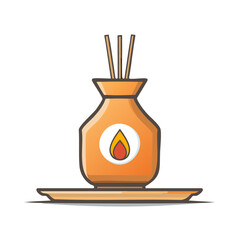 Cartoon Illustration of an Orange Aroma Diffuser with Sticks and Flame Symbol