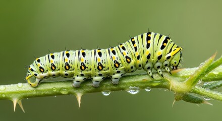 Green caterpillar crawling on a thorny branch with water droplets