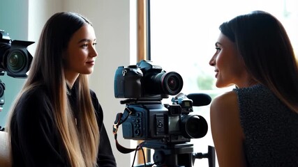 Two women sit facing each other during interview session, camera records conversation in natural daylight. Female interviewer and guest engaged in dialogue in front of professional video equipment