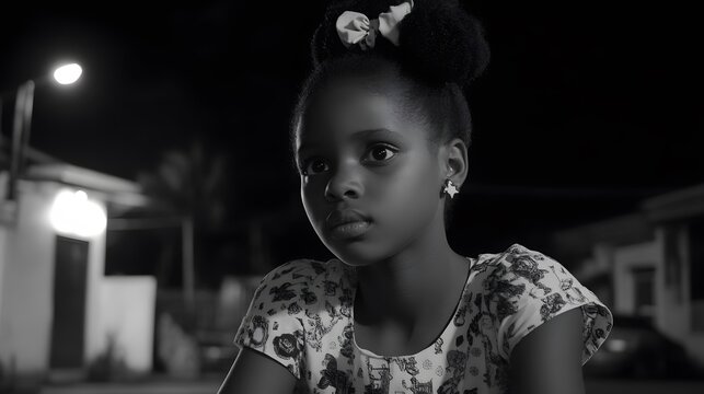 Fototapeta Pensive Black and White Portrait of a Young Girl at Night