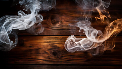 two delicate wisps of smoke swirl gracefully against a rustic wooden background