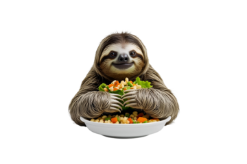 a sloth, eating food, with a cute style, this design has a cheerful expression, the background is transparent