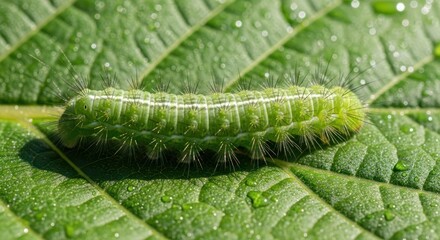 Obraz premium Green caterpillar crawling on a leaf with water droplets, macro