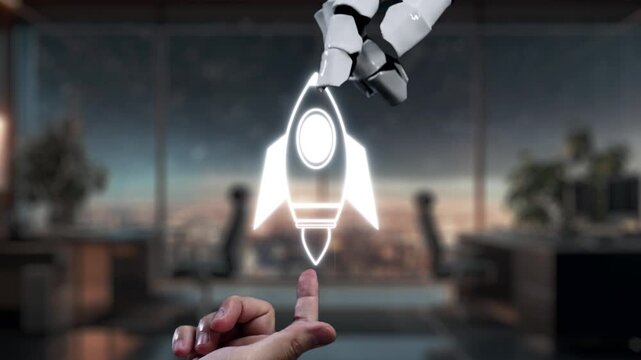 A robot hand interacts with a human hand to symbolize the integration of technology and innovation, highlighting the collaboration needed for future growth and success. Auvana