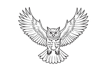 Detailed line drawing of an owl in flight with wings spread wide