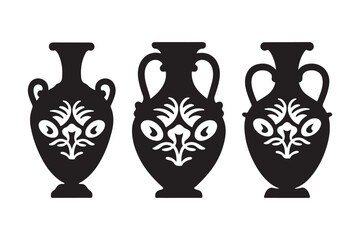 Three ornate black greek amphorae with white decorative patterns
