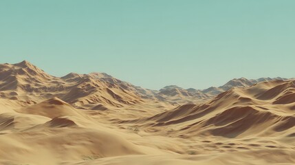 Naklejka premium A vast, sandy desert landscape stretches out, featuring rolling dunes and distant mountains against a pale sky.