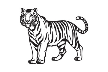 Black and white illustration of a majestic tiger standing proudly