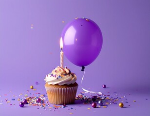Birthday Cupcake with a Candle, a Smiling Balloon, and Confetti on a Purple Background