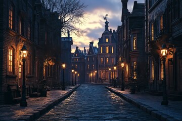 Fototapeta premium Dark city street with a cobblestone walkway and a few street lamps