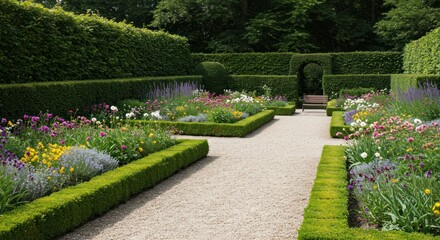 A minimalist garden with vibrant floral beds, hedges and peaceful walkways