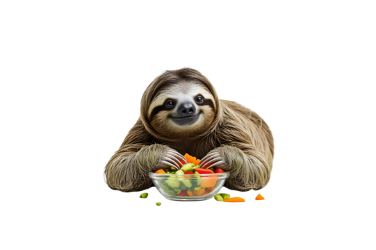 a sloth, with a plate of food, this illustration is charming and cute, with a fun and playful style, and it has no background