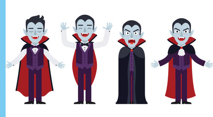 Vampire cartoon characters in gothic costumes with capes and fangs in different poses vector illustration