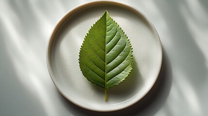 A vibrant green leaf beautifully presented on a white ceramic plate in natural light photo