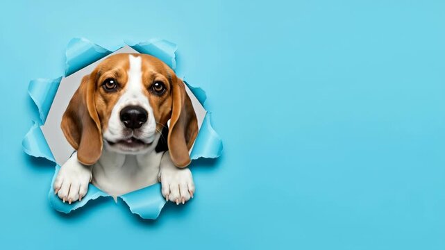 Beagle Dog Peeking Through Torn Paper - An adorable Beagle puppy playfully peeks through a hole in a bright blue background. Its tongue is out, adding to its charming and curious expression.