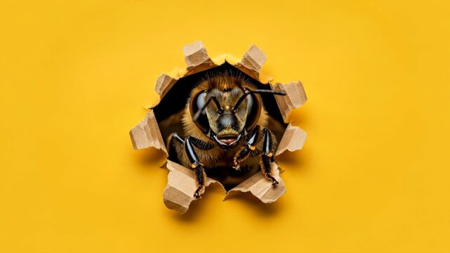 Funny Bee Peeking Through Hole in Yellow Paper - A close-up shot of a honeybee's head and thorax poking through a torn hole in a piece of yellow cardboard.