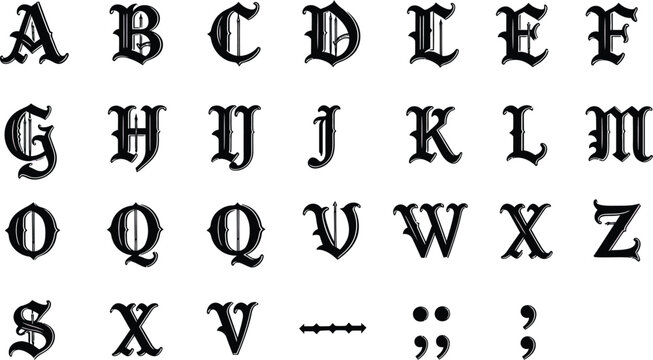 Gothic style uppercase alphabet letters vector design in black old medieval font with punctuation symbols