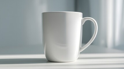 Obraz premium A pristine, white ceramic mug sits on a light-colored surface, highlighting its smooth curves and simple handle.
