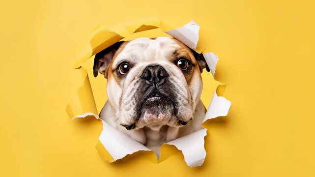 Playful Bulldog Peeking Through Hole - An adorable Bulldog's head pops through a torn hole in yellow paper, creating a fun and engaging video.